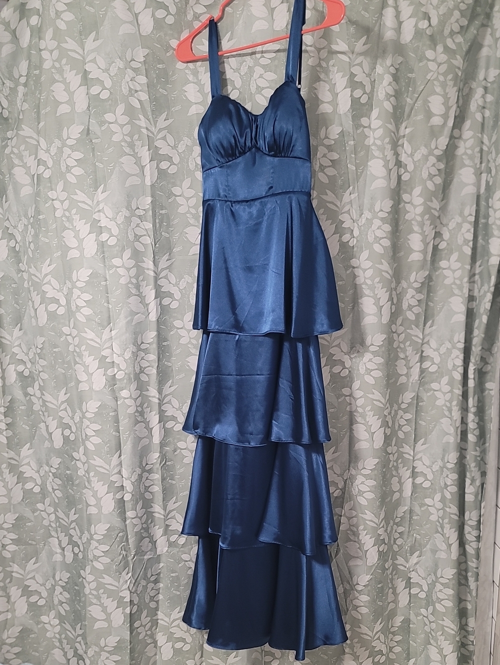 Blue Satin Tiered Evening Dress